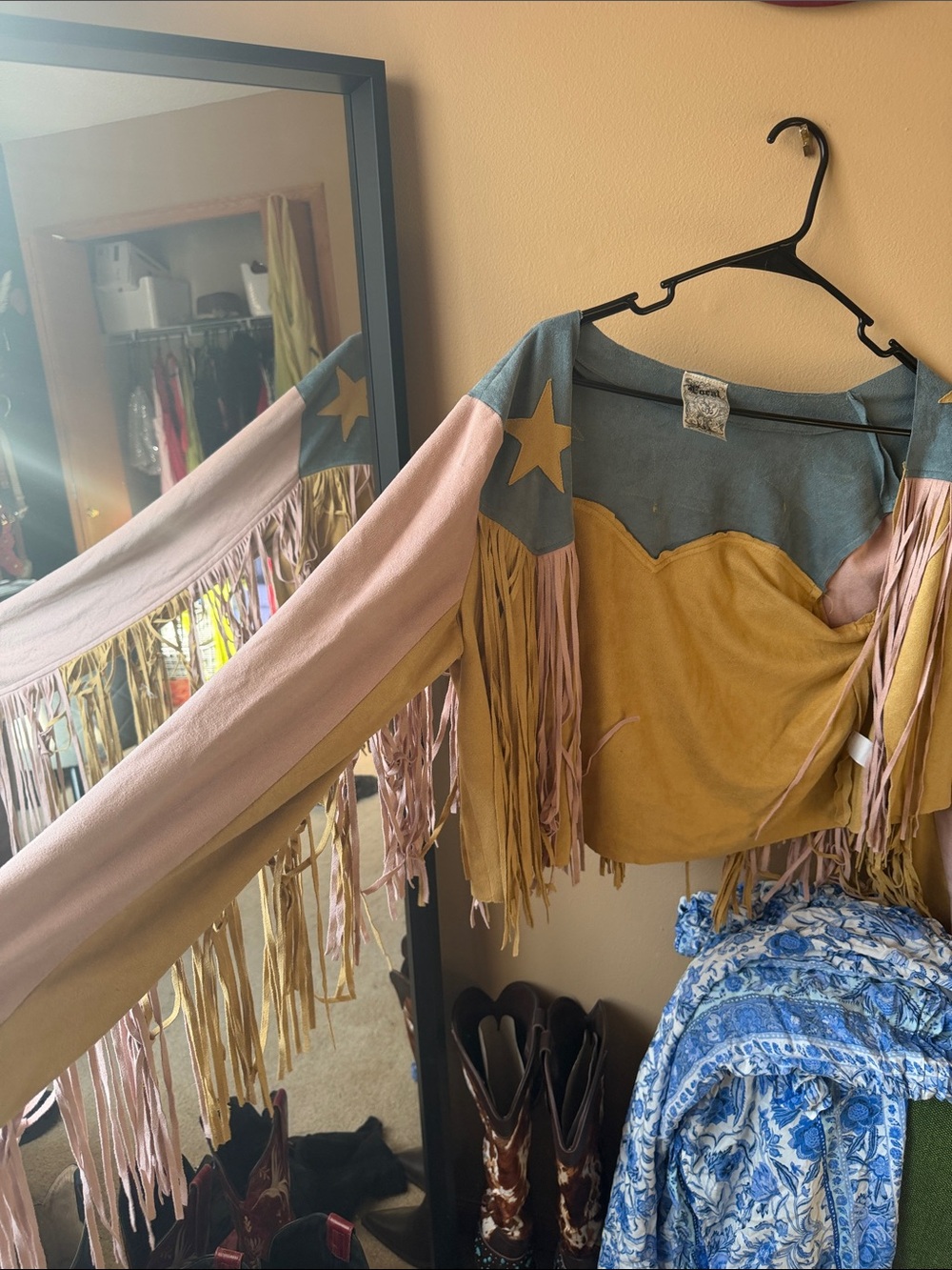 Vocal Two-Tone Suede Fringe Jacket in Mustard & Teal - Picture 3 of 5